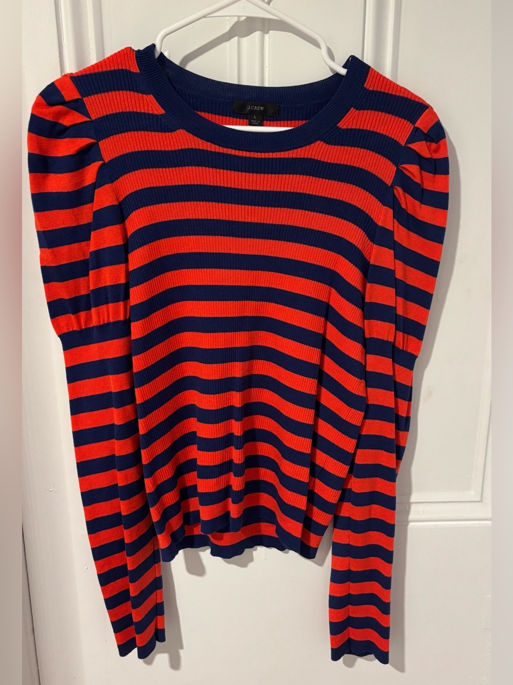 J. Crew Navy and Red Striped Ribbed Puff-Sleeve Sweater